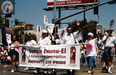 Temple Emanu-El banner in Pride parade, 1998