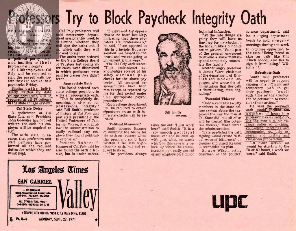Professors try to block paycheck integrity oath, 1971