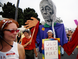 "Old Dykes Rule" sign at Pride parade, 2001