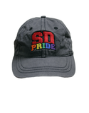 "SD [San Diego] Pride" in rainbow colors on a baseball cap