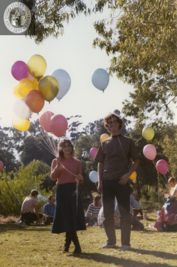 People with balloons at San Diego Gay-In II at Balboa Park, 1971