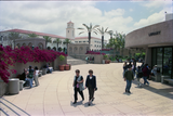 Students outside Infodome Library Addition, 1996