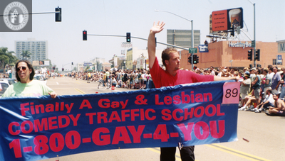 Gay & Lesbian Comedy Traffic School banner in Pride parade, 1998