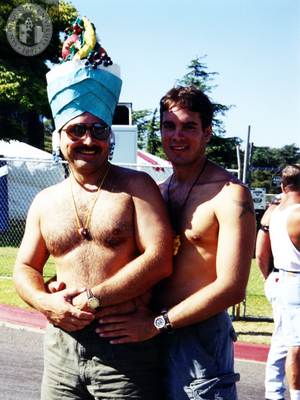 Two shirtless men at San Diego Pride, 1995