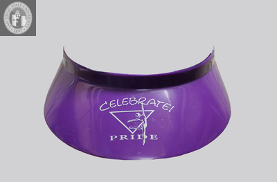 "Celebrate! Pride" a purple visor with a triangle and dancer