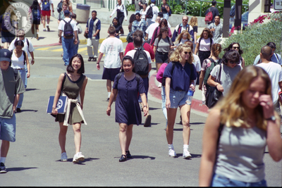 Crowd of students at Hilltop Way and Scripps Terrace, 1996