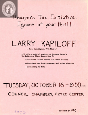 Flyer for lecture by Larry Kapiloff, 1973