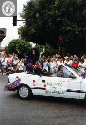 Mr. and Miss Gay Pride Los Angeles 1991 car at Pride parade, 1991