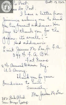 Letter from Mrs. James M. Lee, 1942
