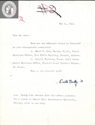 Letter from H. Orville Nordberg, 1942