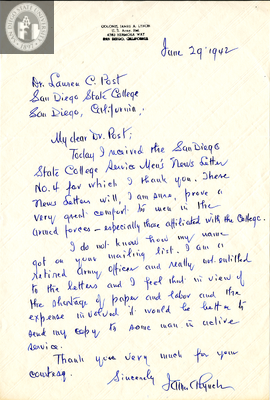 Letter from James A. Lynch, 1942
