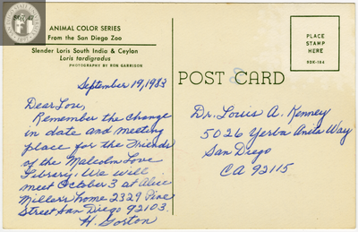 Reverse of a color postcard of a slender loris