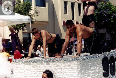 Leather boys on leash float at Pride parade, 1999