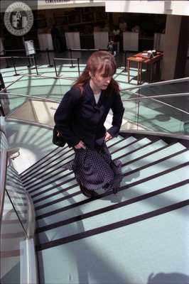 Woman climbs stairs in library dome, 1996