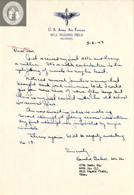 Letter from Harold B. Baker, 1943