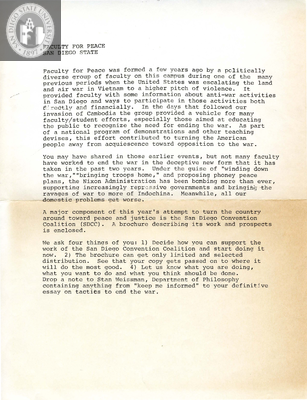 Letter from the Faculty for Peace requesting support, 1970