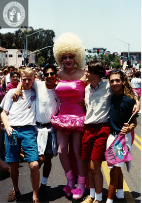 Group photograph with drag queen at San Diego Pride, 1994