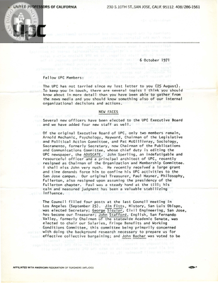 Newsletter of United Professors of California Local 1407, 1971