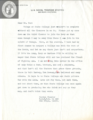 Letter from Gordon Cleator, 1942