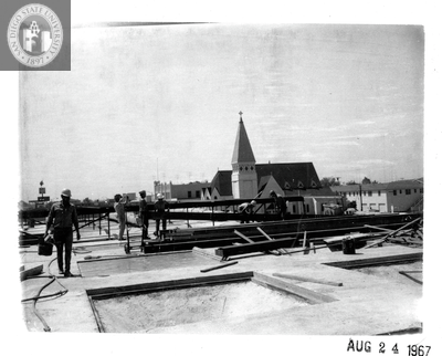Roof supports, Aztec Center construction site, 1967
