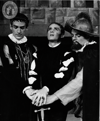 William Ball and two other unidentified actors in Hamlet, 1955