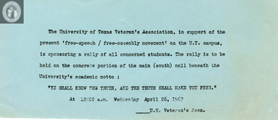 Flyer for University of Texas Veteran's Association rally, 1967