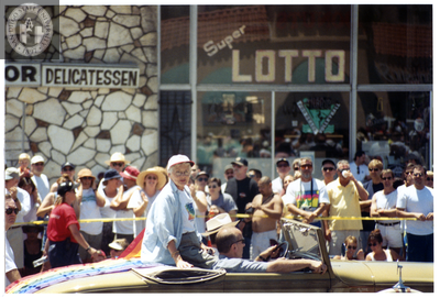 Betty DeGeneres rides on a convertible in the Pride parade, 1998