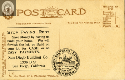 Back of postcard of "California Bungalow"