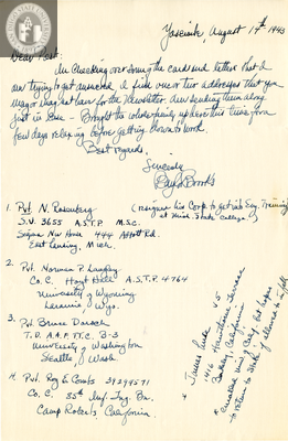 Letter from Baylor Brooks, 1943