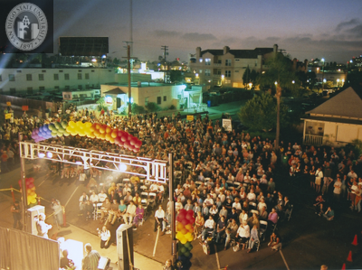 View of performance onstage and crowd at Pride Rally, 2001