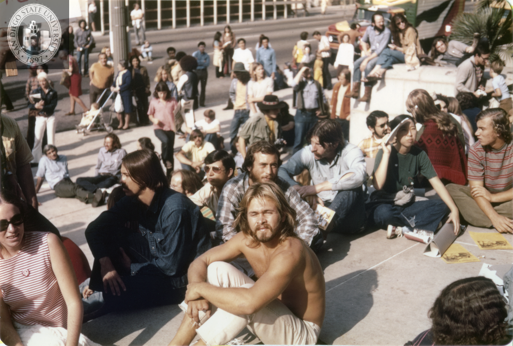 Antiwar protesters sit on the steps of Los Angeles City Hall, 1971