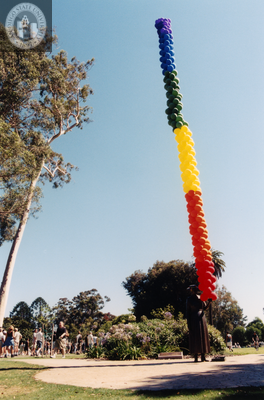 Rainbow balloons anchored to statue of Kate Sessions in Balboa Park, 1999