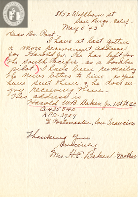 Letter from Mrs. H. E. Baker, 1943