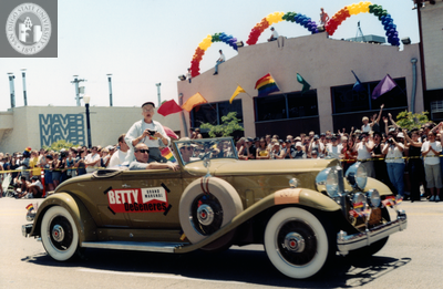 Betty DeGeneres, grand marshal, rides in the Pride parade, 1999