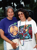 Suanne Pauley, stage production manager, backstage at Pride Festival, 1998