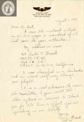 Letter from Leslie T. Brock, 1943