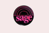 "Sage" in pink letters with pink lines suggesting a rainbow
