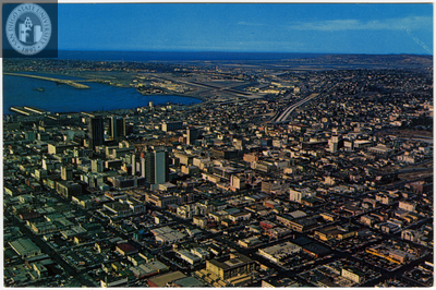 Aerial view of downtown San Diego, with bay