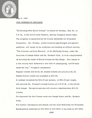 Press release for "An Evening with Erich Fromm," 1968