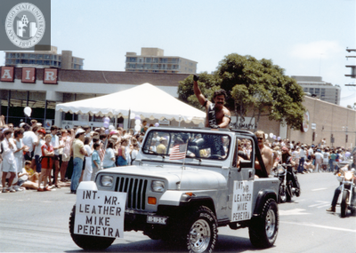 International Mr. Leather Mike Pereyra car in Pride parade, 1988