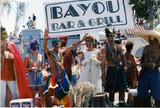 People in Mardi Gras masks, Bayou Bar & Grill, Pride parade, 1996