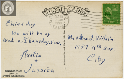 Back of card of Hotel St. James, San Diego, 1913