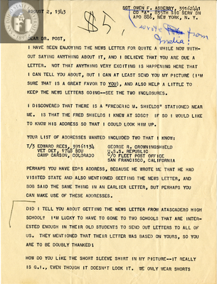 Letter from Owen F. Asberry, 1943