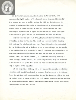 Flyer for Students for a Democratic Society and lecture, 1967