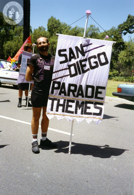 "San Diego parade themes" banner at Pride parade, 1992