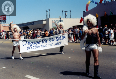 Dégagé Day Spa & Salon banner at Pride parade, 1999