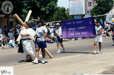 "This is What Jesus Christ Did For You!" banner at Pride parade, 2000