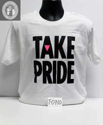 "Take Pride" with pink triangle in "A"