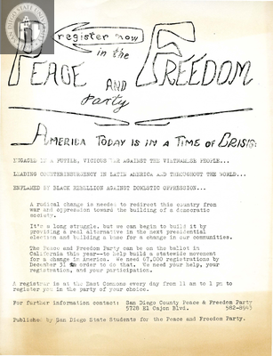 Peace and Freedom Party registration flyer, 1967