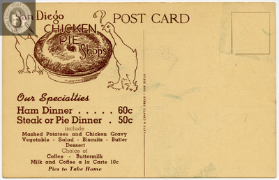 Back of postcard, San Diego Chicken Pie Shops